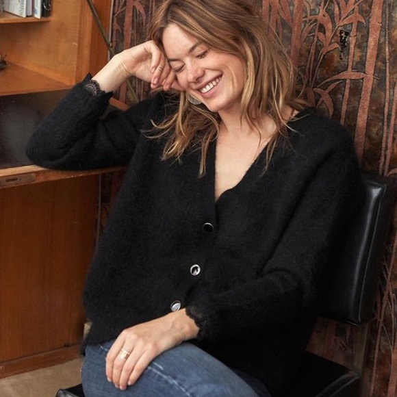 Sezane Sweaters - Sezane Black Charles Cardigan Knit Sweater Size Large‎ Mohair V-Neck Merino Wool